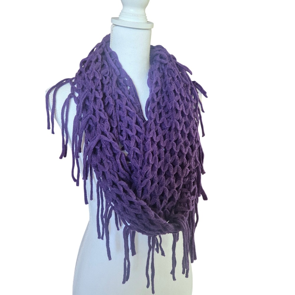 Steve Madden Witchy Whimsical Goth Purple Open Knit Crochet Fringe Shawl Scarf - Picture 7 of 11